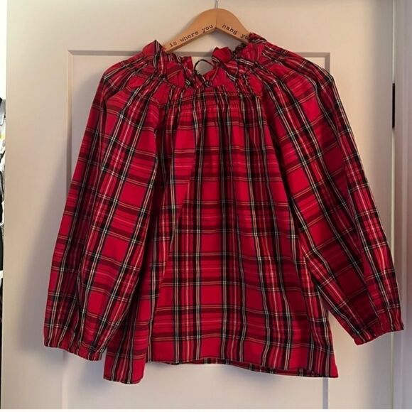 J CREW Ruffleneck Red Tartan Plaid Cotton Blouse Sz XSMALL NWT - Picture 4 of 11
